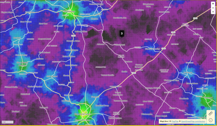 Example of the Connectivity Tool Map showing towns in North Dorset