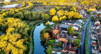 Ariel view of Guildford, Surrey. Image shows the river, housing and roads